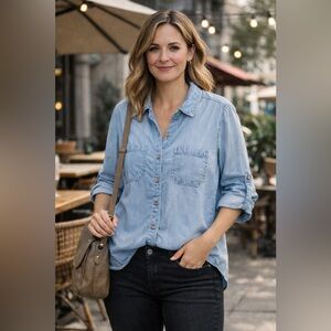 Liverpool Los Angeles Chambray Lyocell Button Down Shirt Roll Tab Larg